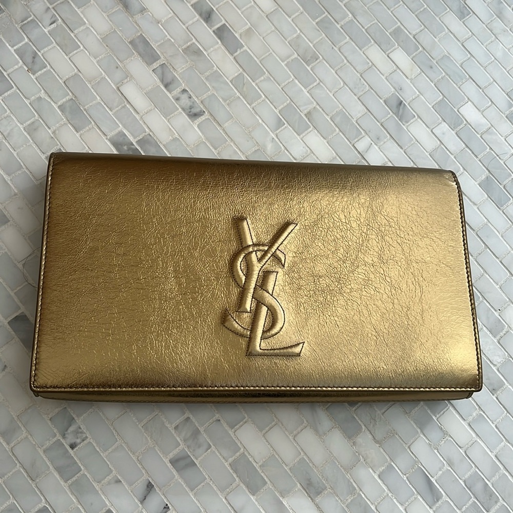 YSL Saint Laurent Belle du Jour Gold Leather Clutch